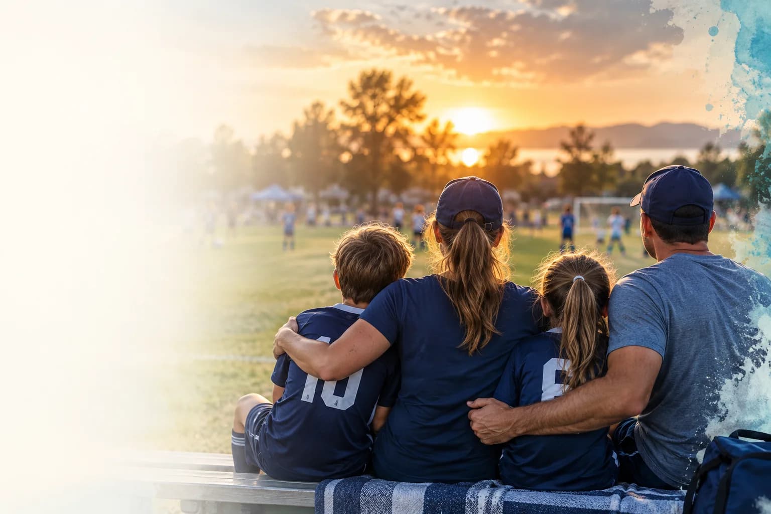 A family sharing a moment together on the sidelines at sunset